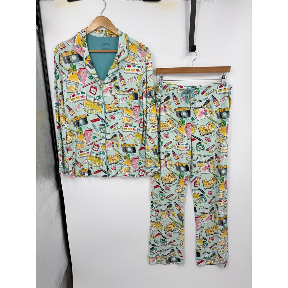 Nick & Nora Art Supply Print Pajama Set Women Large Aqua Modal Camera Tea Sketch
